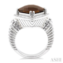 12X12 MM Cushion Shape Smoky Quartz and 1/20 Ctw Round Cut Diamond Ring in Sterling Silver
