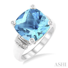 12X12 MM Cushion Shape Blue Topaz and 1/20 Ctw Round Cut Diamond Ring in Sterling Silver