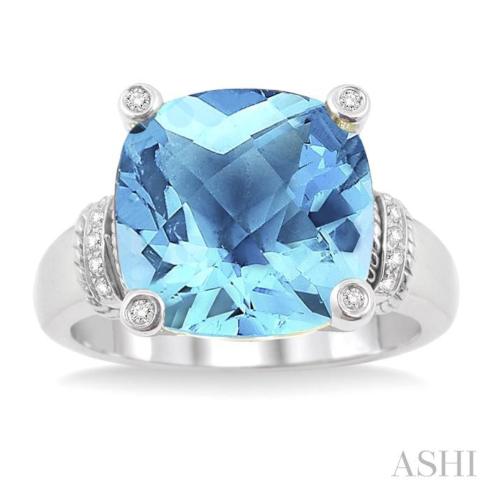 12X12 MM Cushion Shape Blue Topaz and 1/20 Ctw Round Cut Diamond Ring in Sterling Silver