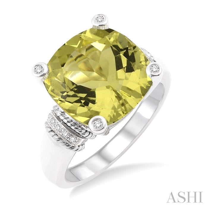 12X12 MM Cushion Shape Lemon Quartz and 1/20 Ctw Round Cut Diamond Ring in Sterling Silver