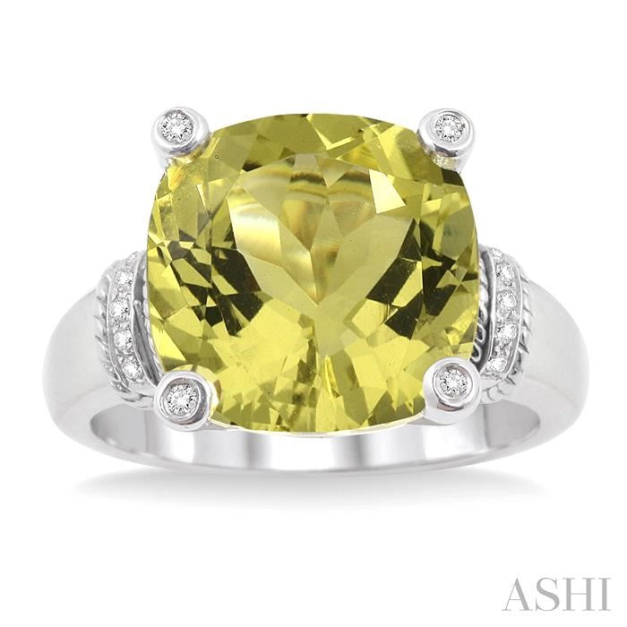 12X12 MM Cushion Shape Lemon Quartz and 1/20 Ctw Round Cut Diamond Ring in Sterling Silver