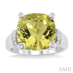 12X12 MM Cushion Shape Lemon Quartz and 1/20 Ctw Round Cut Diamond Ring in Sterling Silver