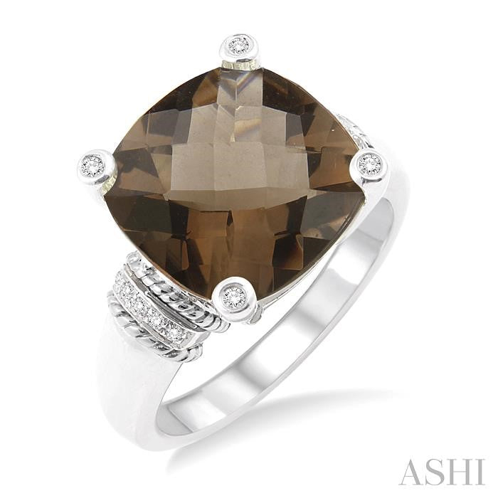 12X12 MM Cushion Shape Smoky Quartz and 1/20 Ctw Round Cut Diamond Ring in Sterling Silver