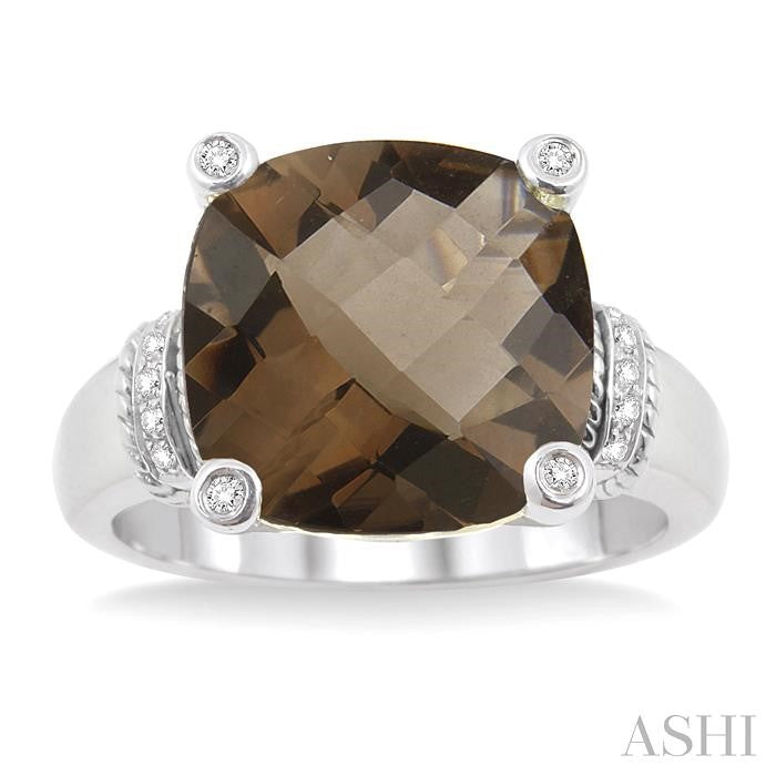 12X12 MM Cushion Shape Smoky Quartz and 1/20 Ctw Round Cut Diamond Ring in Sterling Silver
