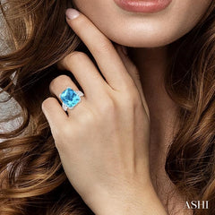 14X12 MM Cushion Shape Blue Topaz and 1/20 Ctw Round Cut Diamond Ring in Sterling Silver
