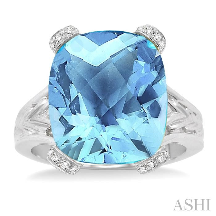 14X12 MM Cushion Shape Blue Topaz and 1/20 Ctw Round Cut Diamond Ring in Sterling Silver