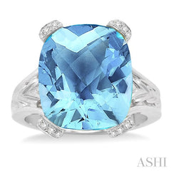 14X12 MM Cushion Shape Blue Topaz and 1/20 Ctw Round Cut Diamond Ring in Sterling Silver
