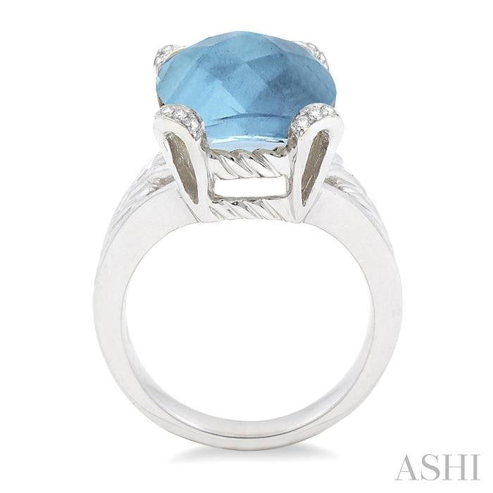 14X12 MM Cushion Shape Blue Topaz and 1/20 Ctw Round Cut Diamond Ring in Sterling Silver