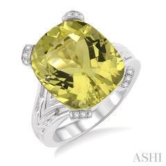 14X12 MM Cushion Shape Lemon Quartz and 1/20 Ctw Round Cut Diamond Ring in Sterling Silver