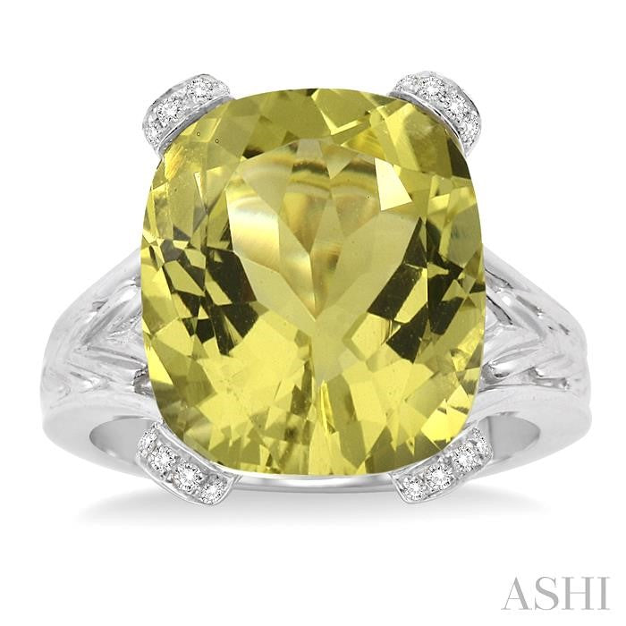 14X12 MM Cushion Shape Lemon Quartz and 1/20 Ctw Round Cut Diamond Ring in Sterling Silver
