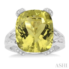 14X12 MM Cushion Shape Lemon Quartz and 1/20 Ctw Round Cut Diamond Ring in Sterling Silver