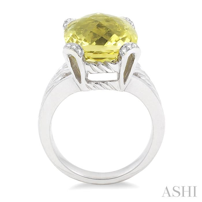 14X12 MM Cushion Shape Lemon Quartz and 1/20 Ctw Round Cut Diamond Ring in Sterling Silver