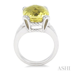 14X12 MM Cushion Shape Lemon Quartz and 1/20 Ctw Round Cut Diamond Ring in Sterling Silver