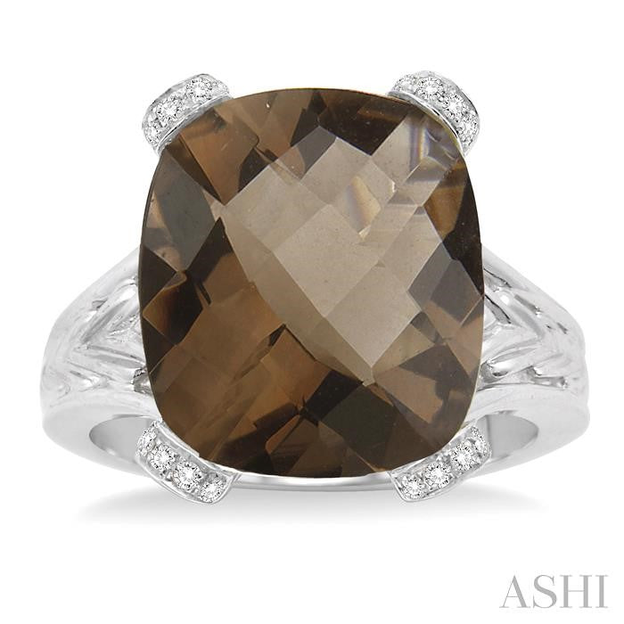 14X12 MM Cushion Shape Smoky Quartz and 1/20 Ctw Round Cut Diamond Ring in Sterling Silver