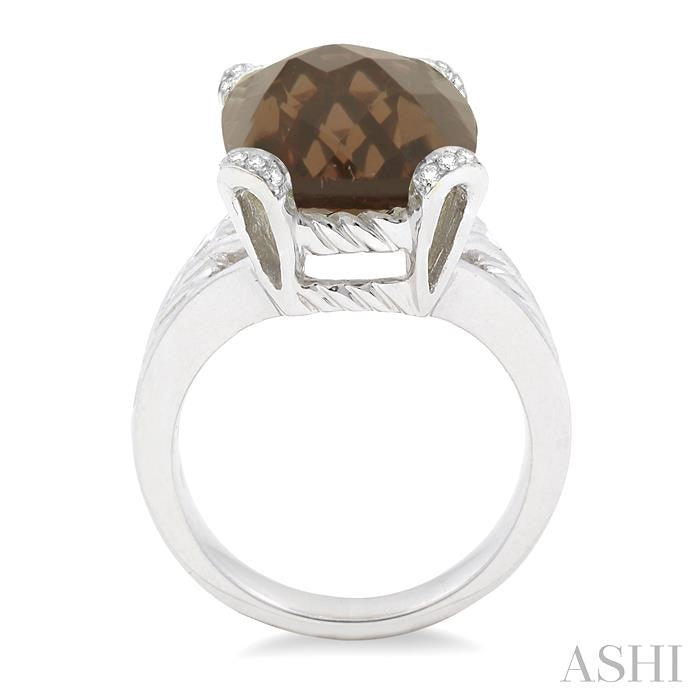 14X12 MM Cushion Shape Smoky Quartz and 1/20 Ctw Round Cut Diamond Ring in Sterling Silver