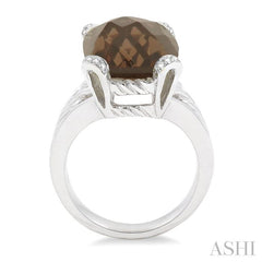 14X12 MM Cushion Shape Smoky Quartz and 1/20 Ctw Round Cut Diamond Ring in Sterling Silver