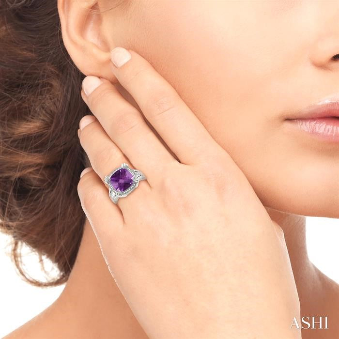 12X12 MM Cushion Shape Amethyst and 1/10 Ctw Round Cut Diamond Ring in Sterling Silver