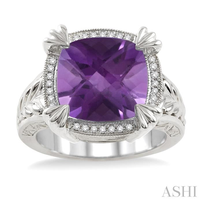 12X12 MM Cushion Shape Amethyst and 1/10 Ctw Round Cut Diamond Ring in Sterling Silver