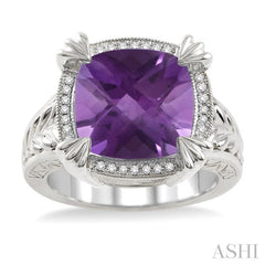 12X12 MM Cushion Shape Amethyst and 1/10 Ctw Round Cut Diamond Ring in Sterling Silver
