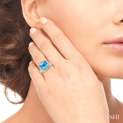 12X12 MM Cushion Shape Blue Topaz and 1/10 Ctw Round Cut Diamond Ring in Sterling Silver