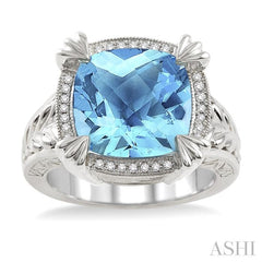 12X12 MM Cushion Shape Blue Topaz and 1/10 Ctw Round Cut Diamond Ring in Sterling Silver