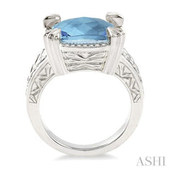 12X12 MM Cushion Shape Blue Topaz and 1/10 Ctw Round Cut Diamond Ring in Sterling Silver