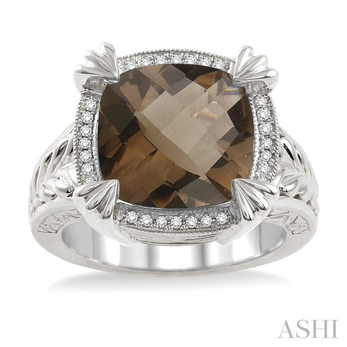 12X12 MM Cushion Shape Smoky Quartz and 1/10 Ctw Round Cut Diamond Ring in Sterling Silver