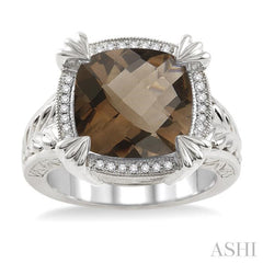 12X12 MM Cushion Shape Smoky Quartz and 1/10 Ctw Round Cut Diamond Ring in Sterling Silver