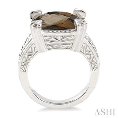 12X12 MM Cushion Shape Smoky Quartz and 1/10 Ctw Round Cut Diamond Ring in Sterling Silver