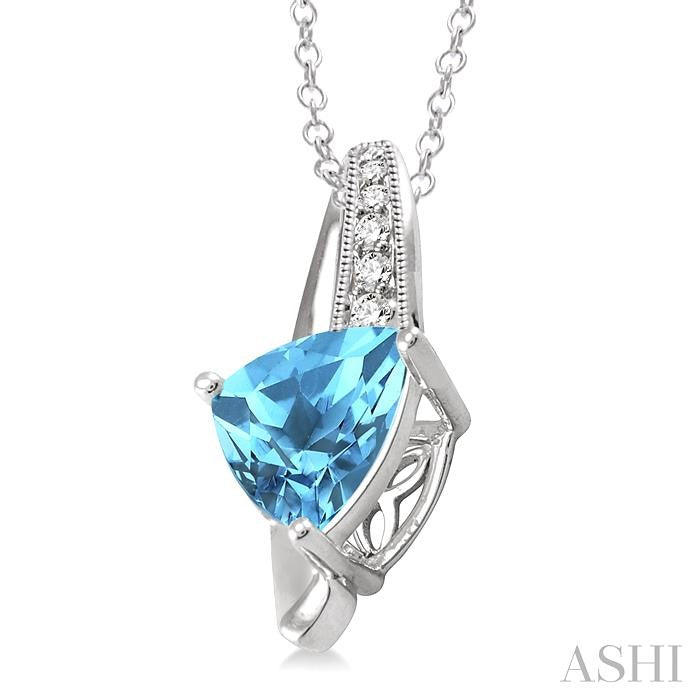 8X8 MM Trillion Cut Blue Topaz and 1/20 Ctw Round Cut Diamond Pendant in Sterling Silver with Chain