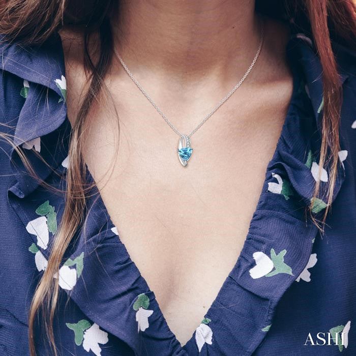 8X8 MM Trillion Cut Blue Topaz and 1/20 Ctw Round Cut Diamond Pendant in Sterling Silver with Chain