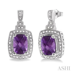 8x6 MM Cushion Shape Amethyst and 1/10 Ctw Round Cut Diamond Earrings in Sterling Silver