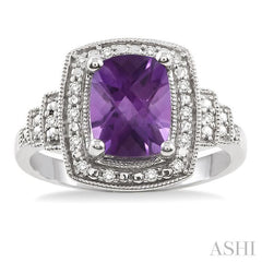 9x7 MM Cushion Shape Amethyst and 1/10 Ctw Round Cut Diamond Ring in Sterling Silver