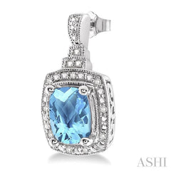 8x6 MM Cushion Shape Blue Topaz and 1/10 Ctw Round Cut Diamond Earrings in Sterling Silver