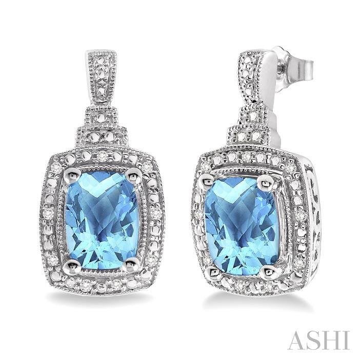 8x6 MM Cushion Shape Blue Topaz and 1/10 Ctw Round Cut Diamond Earrings in Sterling Silver