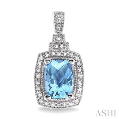 8x6 MM Cushion Shape Blue Topaz and 1/10 Ctw Round Cut Diamond Earrings in Sterling Silver