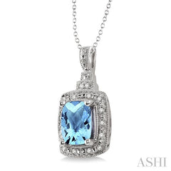 9x7 MM Cushion Shape Blue Topaz and 1/10 Ctw Round Cut Diamond Pendant in Sterling Silver with Chain