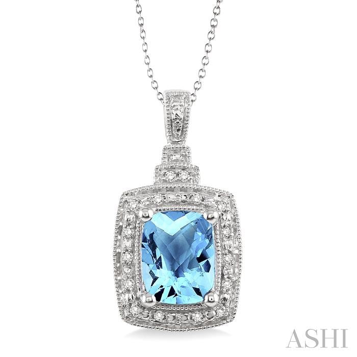 9x7 MM Cushion Shape Blue Topaz and 1/10 Ctw Round Cut Diamond Pendant in Sterling Silver with Chain