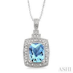 9x7 MM Cushion Shape Blue Topaz and 1/10 Ctw Round Cut Diamond Pendant in Sterling Silver with Chain