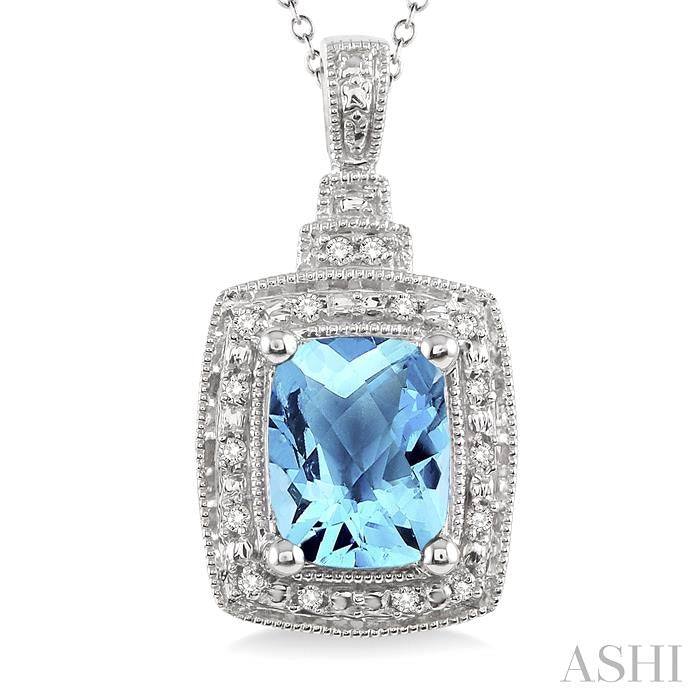 9x7 MM Cushion Shape Blue Topaz and 1/10 Ctw Round Cut Diamond Pendant in Sterling Silver with Chain