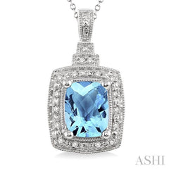 9x7 MM Cushion Shape Blue Topaz and 1/10 Ctw Round Cut Diamond Pendant in Sterling Silver with Chain