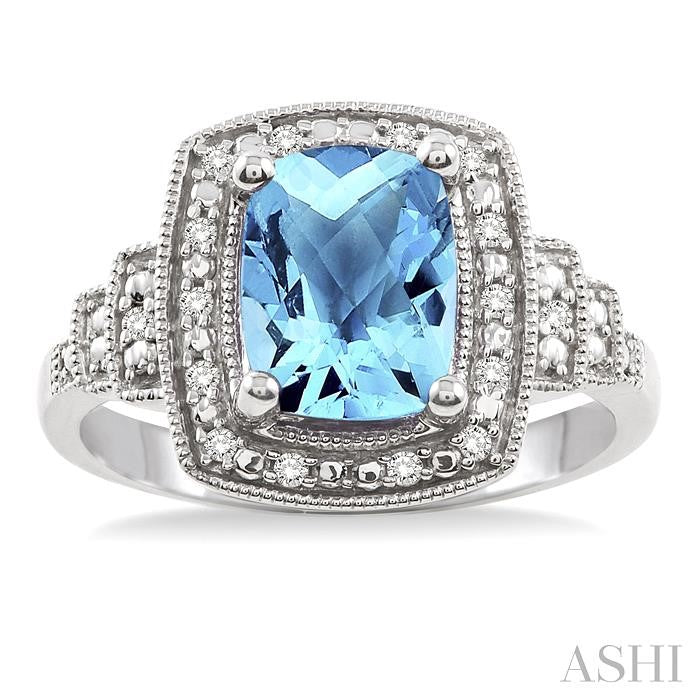 9x7 MM Cushion Shape Blue Topaz and 1/10 Ctw Round Cut Diamond Ring in Sterling Silver