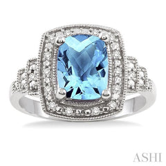 9x7 MM Cushion Shape Blue Topaz and 1/10 Ctw Round Cut Diamond Ring in Sterling Silver