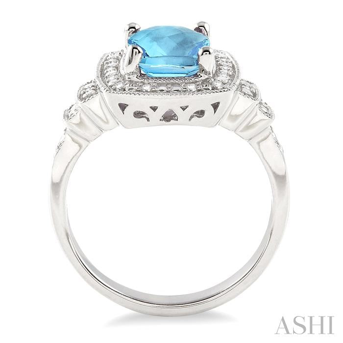 9x7 MM Cushion Shape Blue Topaz and 1/10 Ctw Round Cut Diamond Ring in Sterling Silver