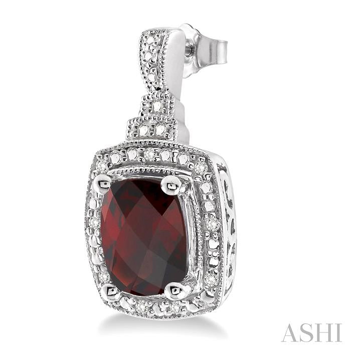 8x6 MM Cushion Shape Garnet and 1/10 Ctw Round Cut Diamond Earrings in Sterling Silver