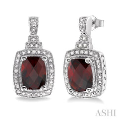 8x6 MM Cushion Shape Garnet and 1/10 Ctw Round Cut Diamond Earrings in Sterling Silver