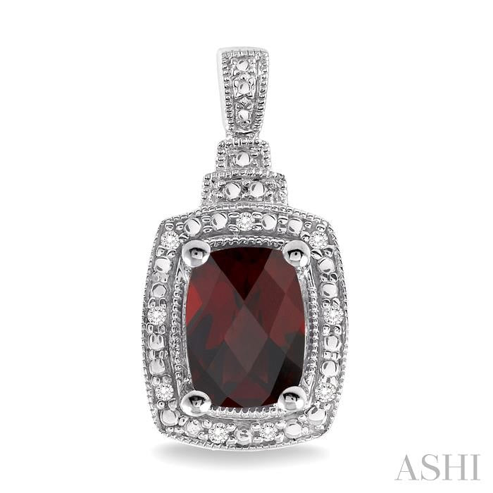 8x6 MM Cushion Shape Garnet and 1/10 Ctw Round Cut Diamond Earrings in Sterling Silver