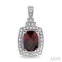 8x6 MM Cushion Shape Garnet and 1/10 Ctw Round Cut Diamond Earrings in Sterling Silver