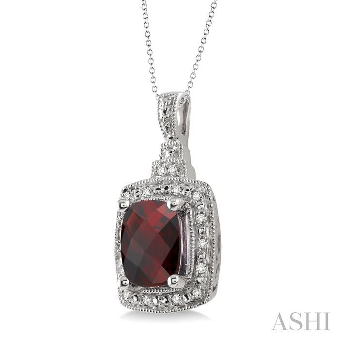 9x7 MM Cushion Shape Garnet and 1/10 Ctw Round Cut Diamond Pendant in Sterling Silver with Chain