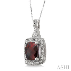 9x7 MM Cushion Shape Garnet and 1/10 Ctw Round Cut Diamond Pendant in Sterling Silver with Chain